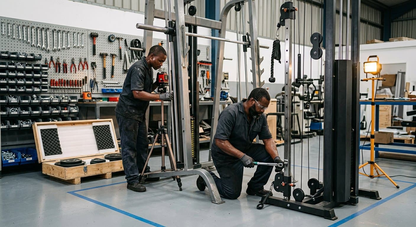Technicians assembling and calibrating a cable strength machine with torque tools in the assembly bay