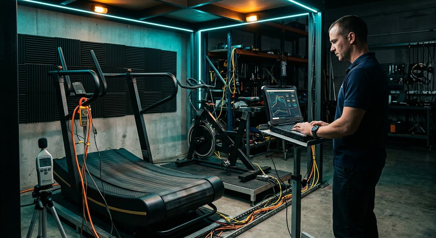 Computerised load and run-in test cell with a treadmill connected to telemetry instrumentation